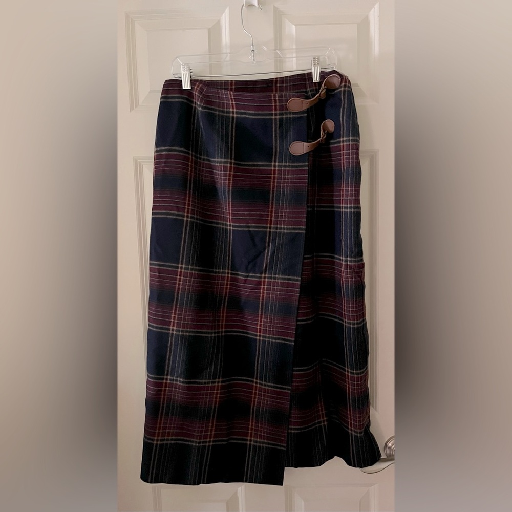 Vintage Talbots Wool Plaid Midi Skirt Made in USA, faux leather buckles lined 16